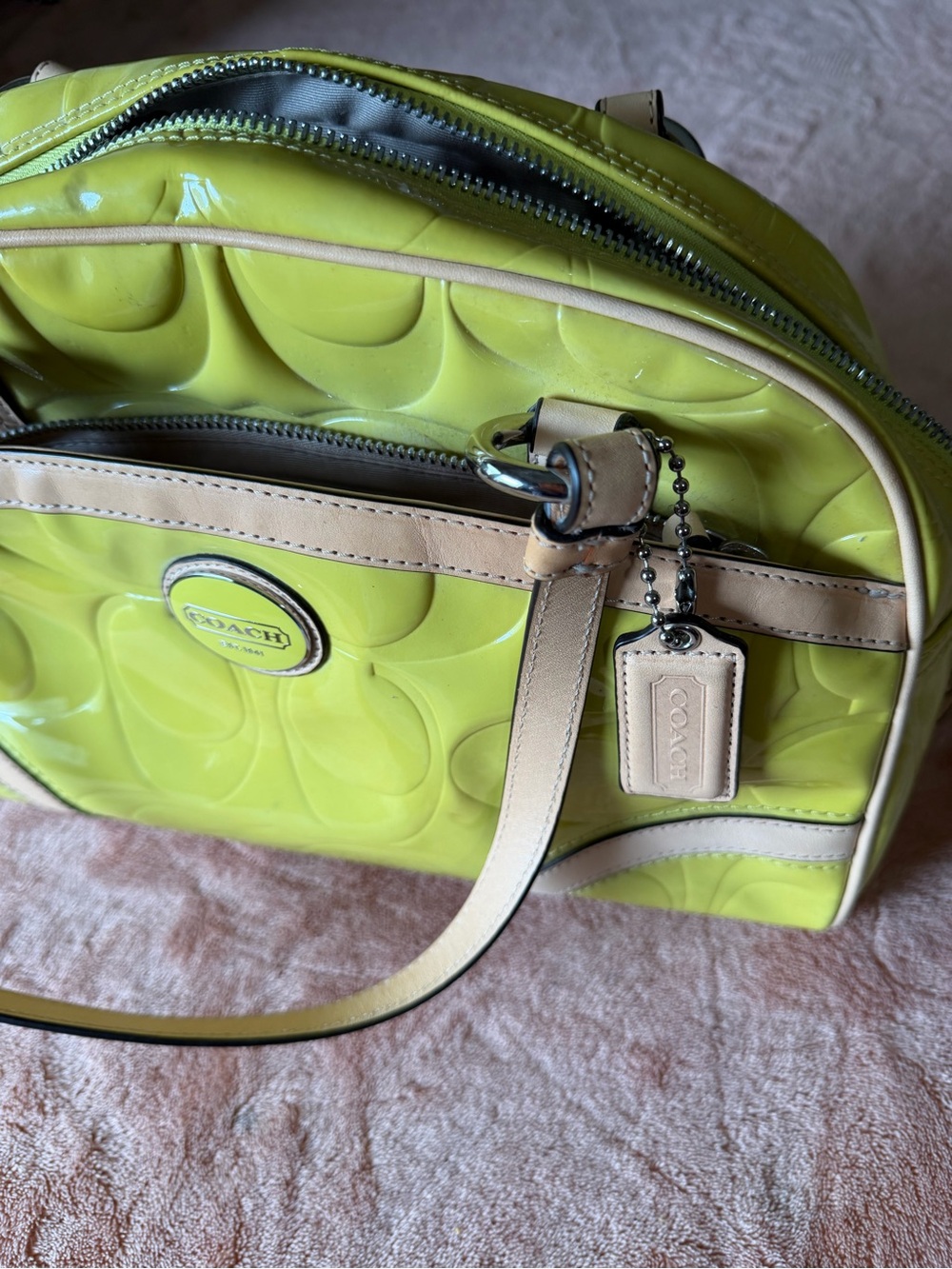 Coach Neon Yellow Patent Satchel with Beige Trim - Picture 8 of 8